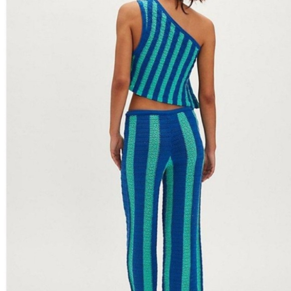 Free-est Free People blue teal striped Joan faux Chet pants tank set New - Picture 3 of 5